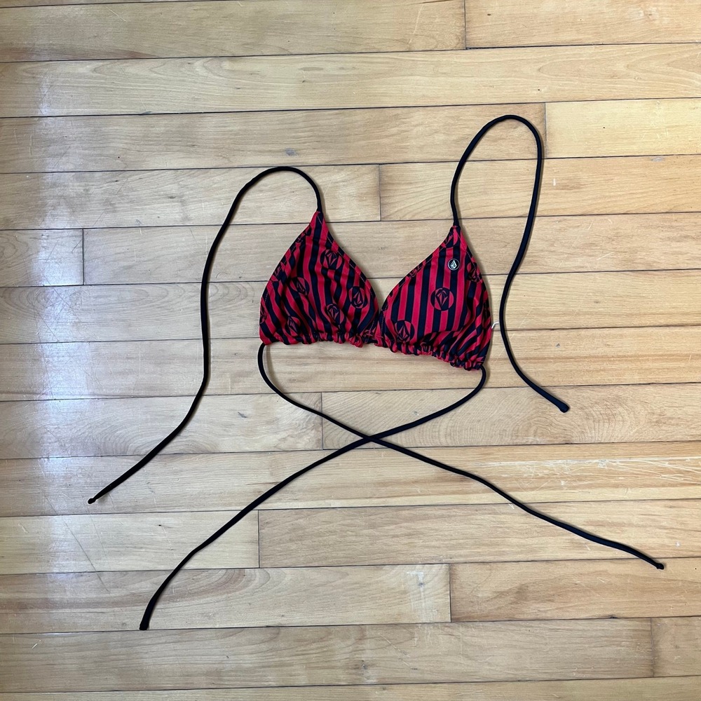Volcom Reversible Triangle Bikini Top Red Black Striped Polka Dot Logo Small y2k